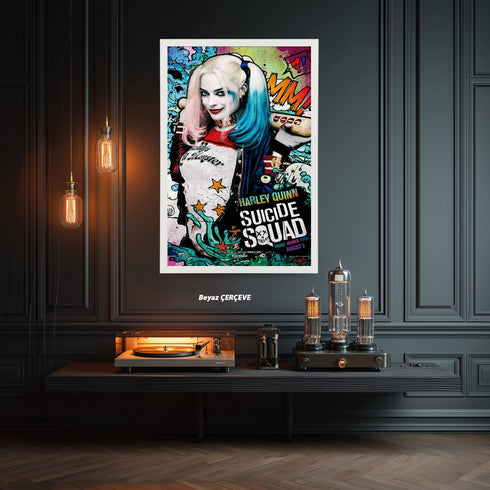 Margot Robbie Harley Quinn Suicide Squad Scribble Art Kanvas Tablo | DC Comics Renkli Pop Art Duvar Sanatı