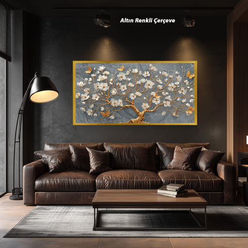 Gri Mermer Zeminli Altın Dallı Beyaz Çiçekli Ağaç Tablosu Kelebekli Lüks Modern Kanvas Duvar Dekoru Salon İçin Şık Tasarım