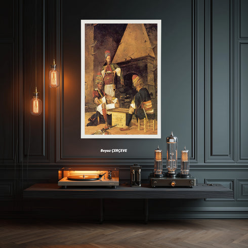 Tavla Oynayan Zeybekler, Osmanlı Dönemi Kıyafetleriyle Geleneksel Kahvehane Sahnesini Yansıtan Nostaljik Sanat Tablosu