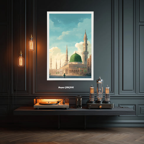 Mescid-i Nebevi ve Yeşil Kubbe Manzaralı Kanvas Tablo – Medine İslami Duvar Dekoru, Dini Mimari Temalı Salon ve Ofis Tablosu