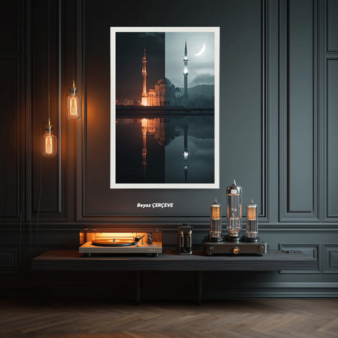 Gece ve Hilal Işığında Camii Kanvas Tablo – İslami Duvar Dekoru, Dini Mimari Sanat Eseri, Modern ve Klasik Ev Dekorasyonu