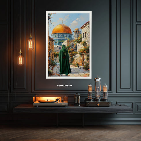 Kubbetüs Sahra ve Mescid-i Aksa Manzaralı Kanvas Tablo – Kudüs Temalı İslami Duvar Dekoru, Dini ve Manevi Atmosferli Salon Tablosu