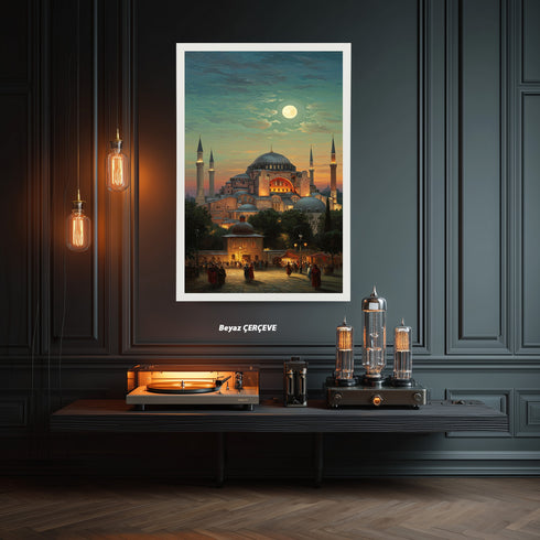 Ayasofya Camii Dolunay Manzaralı Kanvas Tablo – İstanbul Temalı İslami Duvar Dekoru, Dini ve Tarihi Atmosferli Salon Tablosu