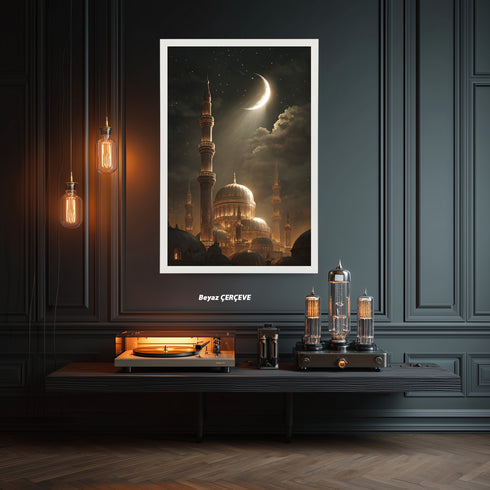 Hilal ve Yıldızlı Gece Camii Kanvas Tablo – Altın Işıltılı İslami Duvar Dekoru, Dini ve Manevi Atmosferli Salon Tablosu