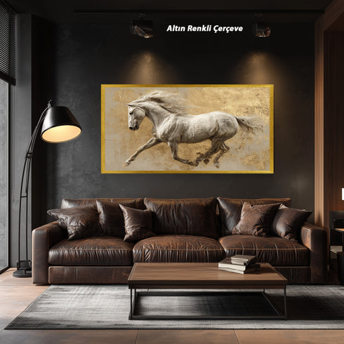 Koşan Beyaz At Tablosu Altın Varak Dokulu Arka Planlı Lüks Kanvas Duvar Dekoru, Salon Ofis İçin Büyük Boy At Figürlü Tablo