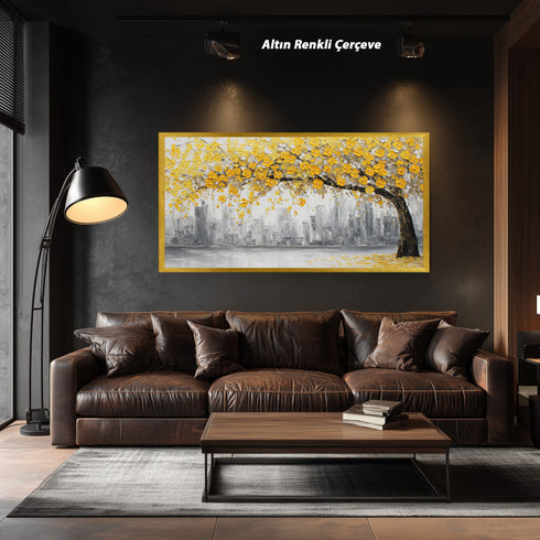 Sarı Çiçekli Ağaç ve Gri Şehir Silüeti Tablosu Modern Soyut Kanvas Duvar Dekoru Salon Ofis İçin Büyük Boy Şık Tasarım