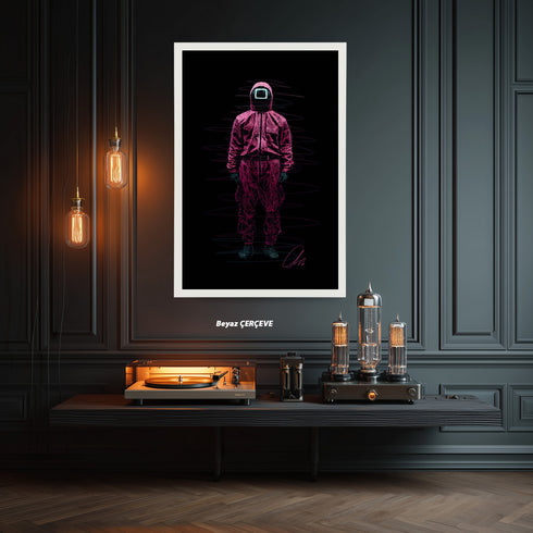 Squid Game Pembe Asker (Kare Maske) Scribble Art Kanvas Tablo | Netflix Kore Dizisi Kanvas Tablo