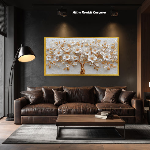 Altın Dallı Beyaz Çiçekli Ağaç Tablosu Lüks Kabartmalı Modern Kanvas Duvar Dekoru, Salon Yatak Odası İçin Büyük Boy Tablo
