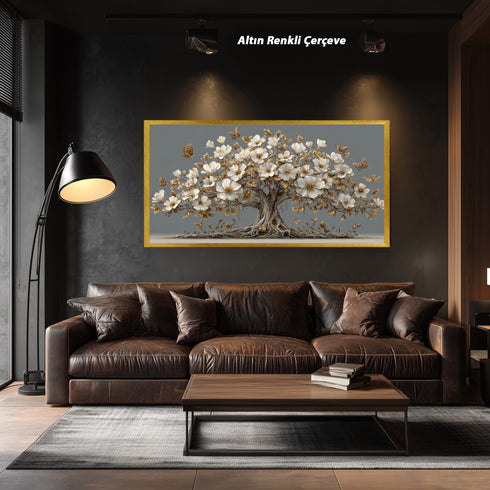Altın Yapraklı Beyaz Çiçekli Ağaç Tablosu Kelebekli Lüks Kanvas Duvar Dekoru, Modern Dokulu Salon Yatak Odası Tablo