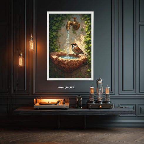 Taş Çeşme ve Serçe Kuşu Sanat Baskısı, Doğal Bahçe Sahnesi ve Akan Su ile Huzur Veren Masalsı Duvar Dekoru