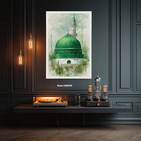 Yeşil Kubbe Mescid-i Nebevi Kanvas Tablo – Medine Ravza-i Mutahhara İslami Duvar Dekoru, Dini Huzur Temalı Salon Tabl