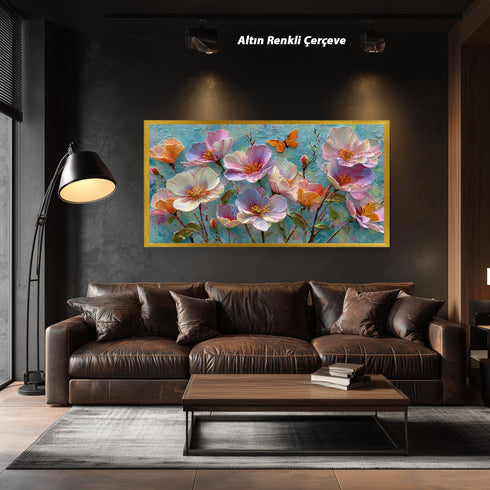 Turkuaz Zeminli Renkli Çiçekler ve Kelebek Tablosu Modern Soyut Kanvas Duvar Dekoru Salon Yatak Odası İçin Canlı Tasarım
