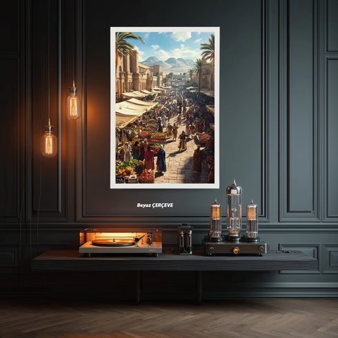 Antik Doğu Pazarı Manzarası Sanat Tablosu Poster, Palmiye Ağaçları ve Tarihi Mimari Arasında Canlı Oryantal Çarşı Sahnesi Duvar Sanatı