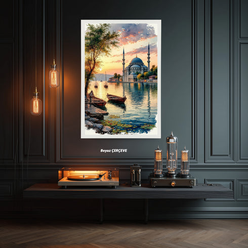Gün Batımında Boğaz ve Tarihi Cami Manzarası Sanat Baskısı, İstanbul Temalı Suluboya Tablo ve Huzur Veren Klasik Duvar Dekoru