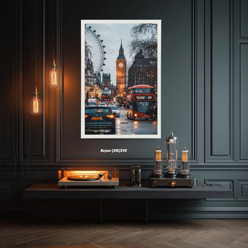 Londra Big Ben ve Kırmızı Otobüs Şehir Manzarası Sanat Baskısı, Yağmurlu Akşam Sokakları ve İkonik Şehir Duvar Dekoru Modern Ofis İçin