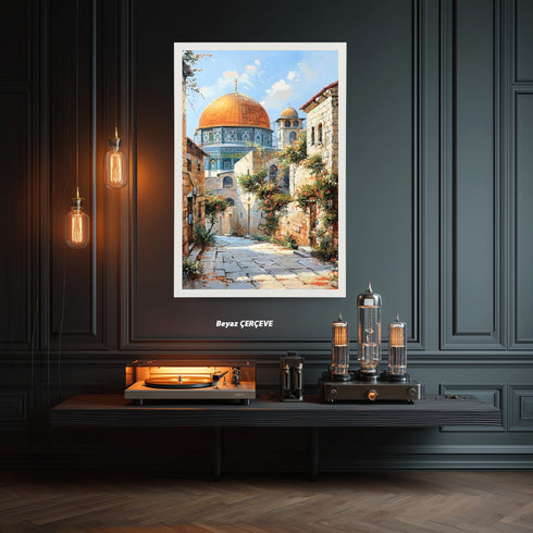 Kubbetüs Sahra ve Tarihi Taş Sokaklar, Çiçeklerle Bezeli Kudüs Manzarasında Huzur ve Maneviyat Yansıtan Sanat Tablosu