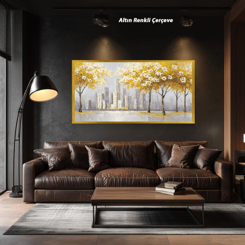 Sarı Yapraklı Ağaç ve Şehir Manzarası Tablosu Modern Soyut Kanvas Duvar Dekoru, Salon Ofis İçin Büyük Boy Tablo