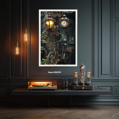 Vintage Sokak Lambası ve Bisiklet Sanat Tablosu Poster, Nostaljik Şehir Detayı ile Rustik Endüstriyel Duvar Dekoru Baskısı Sanatı