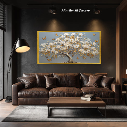 Altın Kelebekli Beyaz Manolya Ağacı Tablosu Lüks Modern Kanvas Duvar Dekoru Salon Yatak Odası ve Oturma Odası İçin Şık Tasarım