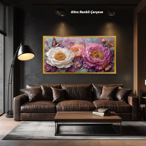 Pembe ve Beyaz Şakayık Çiçekli Kelebekli Tablo Romantik Vintage Kanvas Duvar Dekoru Salon Yatak Odası İçin Zarif Tasarım