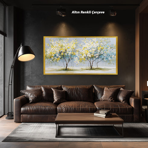 Sarı Beyaz Çiçekli Ağaç Tablosu Modern Soyut Kanvas Duvar Dekoru, Salon Yatak Odası İçin Büyük Boy Manzara Tablo
