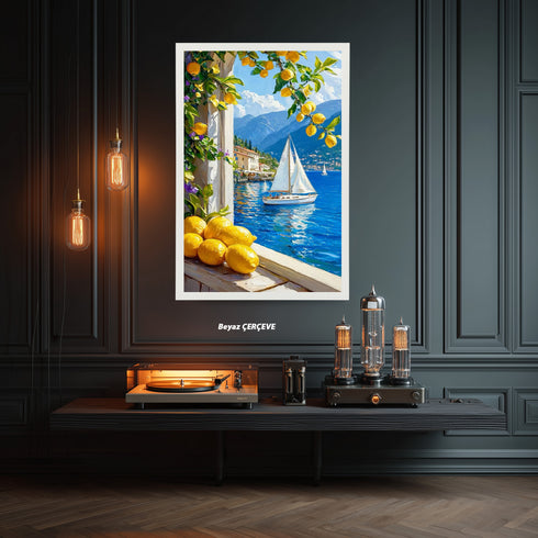 Limon Ağaçları ve Mavi Deniz Manzarası Sanat Baskısı, Akdeniz Sahilinde Yelkenli Tekne ile Yaz Esintili Duvar Dekoru