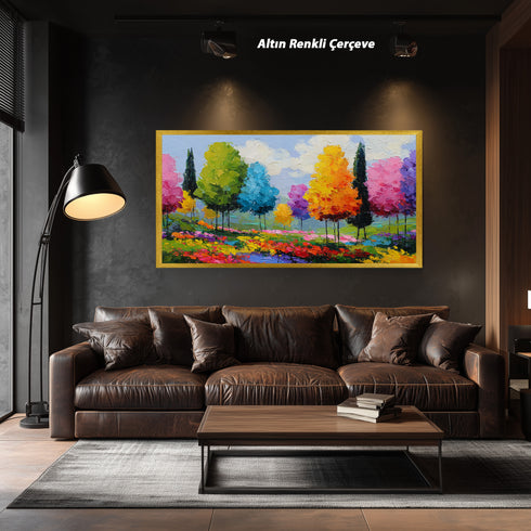 Renkli Ağaçlar Manzara Tablosu Soyut Modern Empresyonist Kanvas Duvar Dekoru Salon Yatak Odası Ofis İçin Büyük Boy Canlı Tasarım