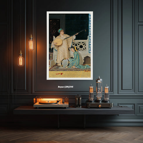 Oryantal Müzik Sahnesi Sanat Tablosu Poster, Osmanlı Dönemi Ud ve Def Çalan Kadınlar ile Klasik Doğu Temalı Duvar Sanatı Baskısı