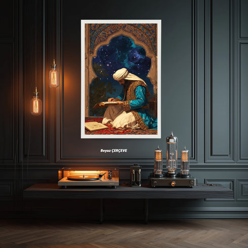 Kur’an-ı Kerim Okuyan Alim Kanvas Tablo – Gece Yıldızlı Gökyüzü Temalı İslami Duvar Dekoru, Dini ve Manevi Sanat Eseri