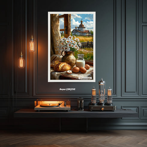 Kır Evi Penceresinde Natürmort Sanat Baskısı, Papatyalar Ekmek ve Süt ile Kırsal Yaşamın Sıcaklığı, Nostaljik Duvar Dekoru