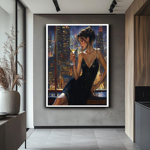 Woman in Black Dress Canvas Print, Sensual Cityscape Wall Art, Modern Sexy Woman with Martini Painting, Glamorous Nightlife Decor