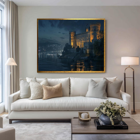 Rumeli Fortress Night Canvas Print, Istanbul Castle Wall Art with Bosphorus Lights, Dark Historic Cityscape Decor for Moody Interiors