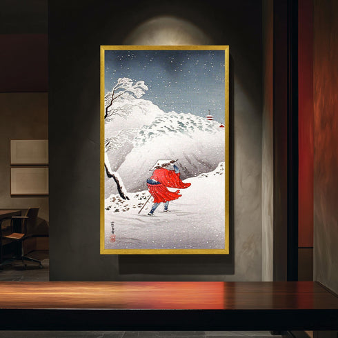 Japanese Woodblock Canvas Art, Winter Snow Landscape, Ukiyo-e Print, Red Kimono Traveler, Traditional Asian Decor, Shin Hanga Style