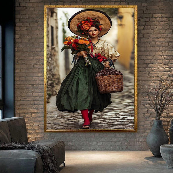Traditional Folk Woman Canvas | Vintage Mexican Style Wall Art | Coffee & Flowers Print | Cultural Heritage Decor | Rustic Boho Art