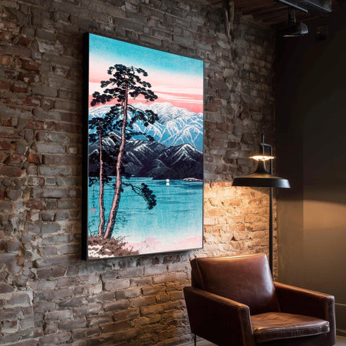 Japanese Woodblock Canvas Art, Mount Fuji Print, Pine Tree Lake Landscape, Pink Sunset Sky, Shin Hanga Style, Asian Wall Decor