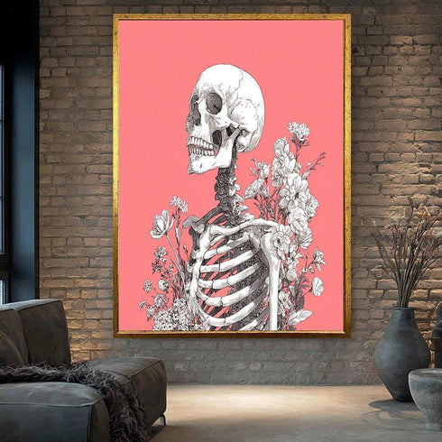Skeleton and Flowers Wall Art – Gothic Botanical Skull Illustration on Pink Background, Dark Academia Aesthetic Print for Home Decor