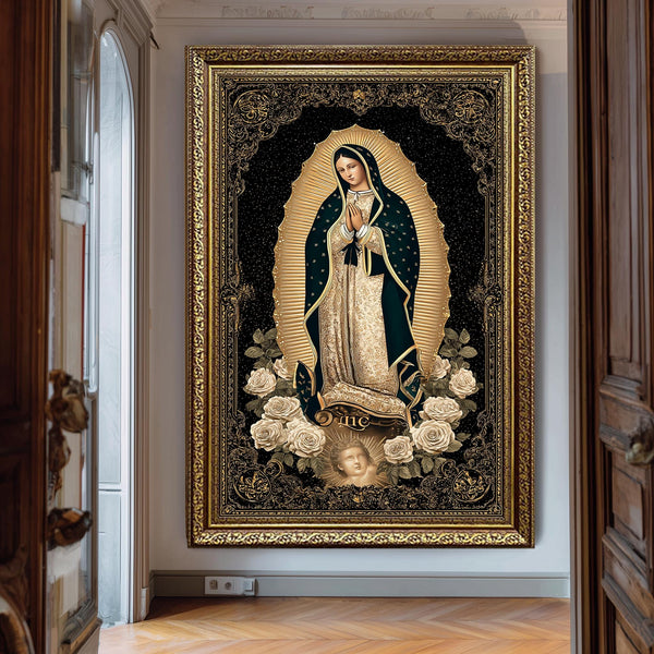Our Lady of Guadalupe Canvas Art Print Catholic Virgin Mary Wall Decor Gold Black Religious Poster Marian Sacred Image
