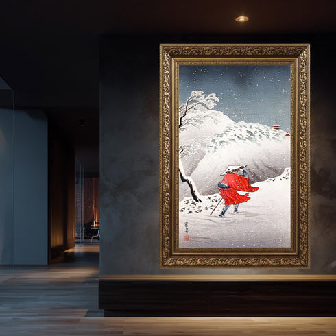 Japanese Woodblock Canvas Art, Winter Snow Landscape, Ukiyo-e Print, Red Kimono Traveler, Traditional Asian Decor, Shin Hanga Style