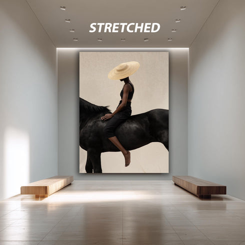 Minimalist Fashion Photography Wall Art, Woman on Black Horse Print, Modern Neutral Decor, Contemporary Fine Art Poster for Home