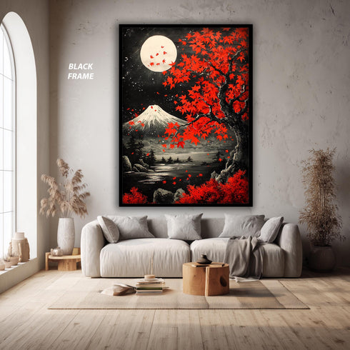 Japanese Maple Tree and Mount Fuji Moonlight Landscape Wall Art Print, Red Autumn Tree Japan Poster, Zen Nature Painting Decor
