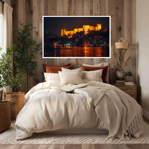 Rumeli Fortress Canvas Wall Art, Istanbul Night Bosphorus Print, Glowing Castle Landscape for Turkish History and Travel Decor
