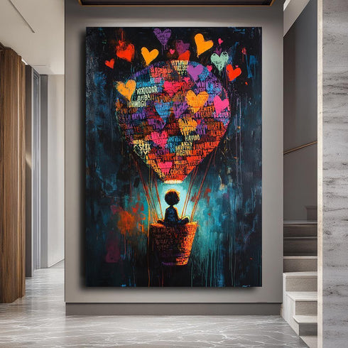 Renkli Banksy Stili Uçan Kalpler Tablo