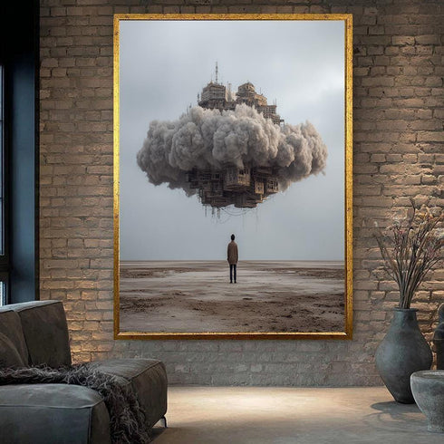 Surreal Cloud City Wall Art – Floating Building in Sky over Desert, Sci-Fi Fantasy Landscape Print for Modern Home Decor