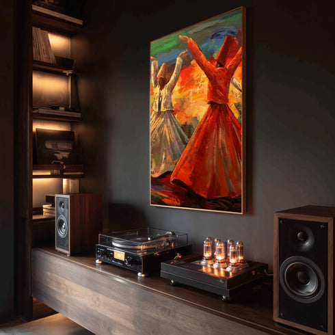 Semazenlerin Sema Dönüşü, Canlı Renklerle Tasvir Edilmiş Tasavvufi Ritüel ve Manevi Derinlik Taşıyan Modern Sanat Tablosu