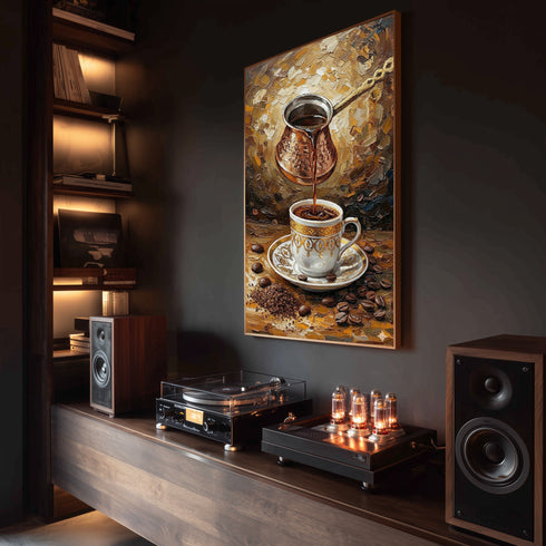 Türk Kahvesi Ritüeli Yağlı Boya Sanat Baskısı, Cezveden Fincana Akan Kahve ile Geleneksel ve Sıcak Duvar Dekoru