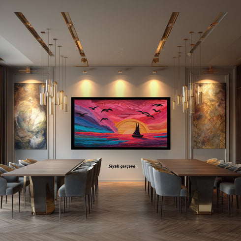 Kızıl Gün Batımı ve Yelkenli Tablosu Soyut Deniz Manzarası Modern Kanvas Duvar Dekoru Salon Ofis Yatak Odası İçin Büyük Boy Sanatsal Tasarım