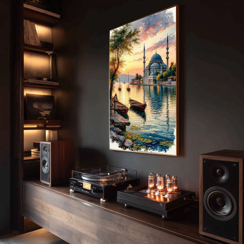 Gün Batımında Boğaz ve Tarihi Cami Manzarası Sanat Baskısı, İstanbul Temalı Suluboya Tablo ve Huzur Veren Klasik Duvar Dekoru