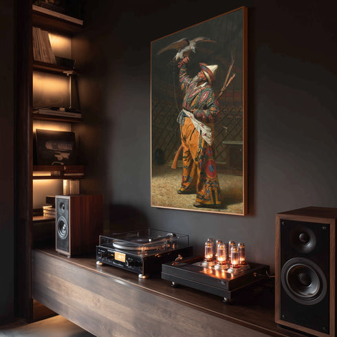 Oryantal Avcı Figürü Sanat Tablosu Poster, Şahinli Osmanlı Av Sahnesi ile Geleneksel Doğu Temalı Klasik Duvar Sanatı Baskısı