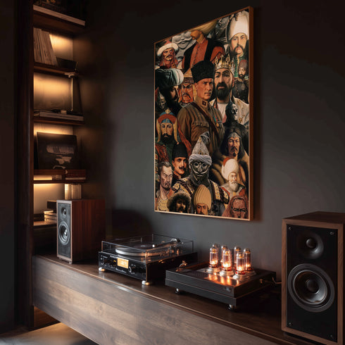 Türk ve Orta Asya Tarihi Liderler Kolaj Sanat Tablosu Poster, Alp Er Tunga’dan Osmanlı’ya Uzanan Epik Figürlü Duvar Sanatı