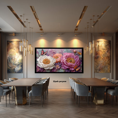 Pembe ve Beyaz Şakayık Çiçekli Kelebekli Tablo Romantik Vintage Kanvas Duvar Dekoru Salon Yatak Odası İçin Zarif Tasarım